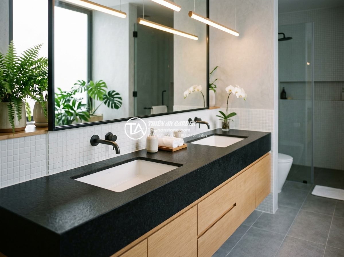 Cách Phối Màu Bàn Đá Lavabo Đen Và Trắng Trong Không Gian Hiện Đại - Modern bathroom design showcasing balanced black and white stone lavabo countert