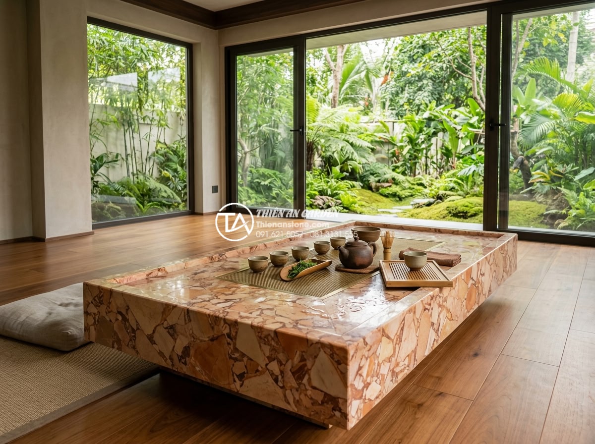 Cách sắp đặt bàn trà đạo bằng đá trong phòng thiền và trà thất - Wide angle view of a luxurious modern zen tea room with a massive single-block n