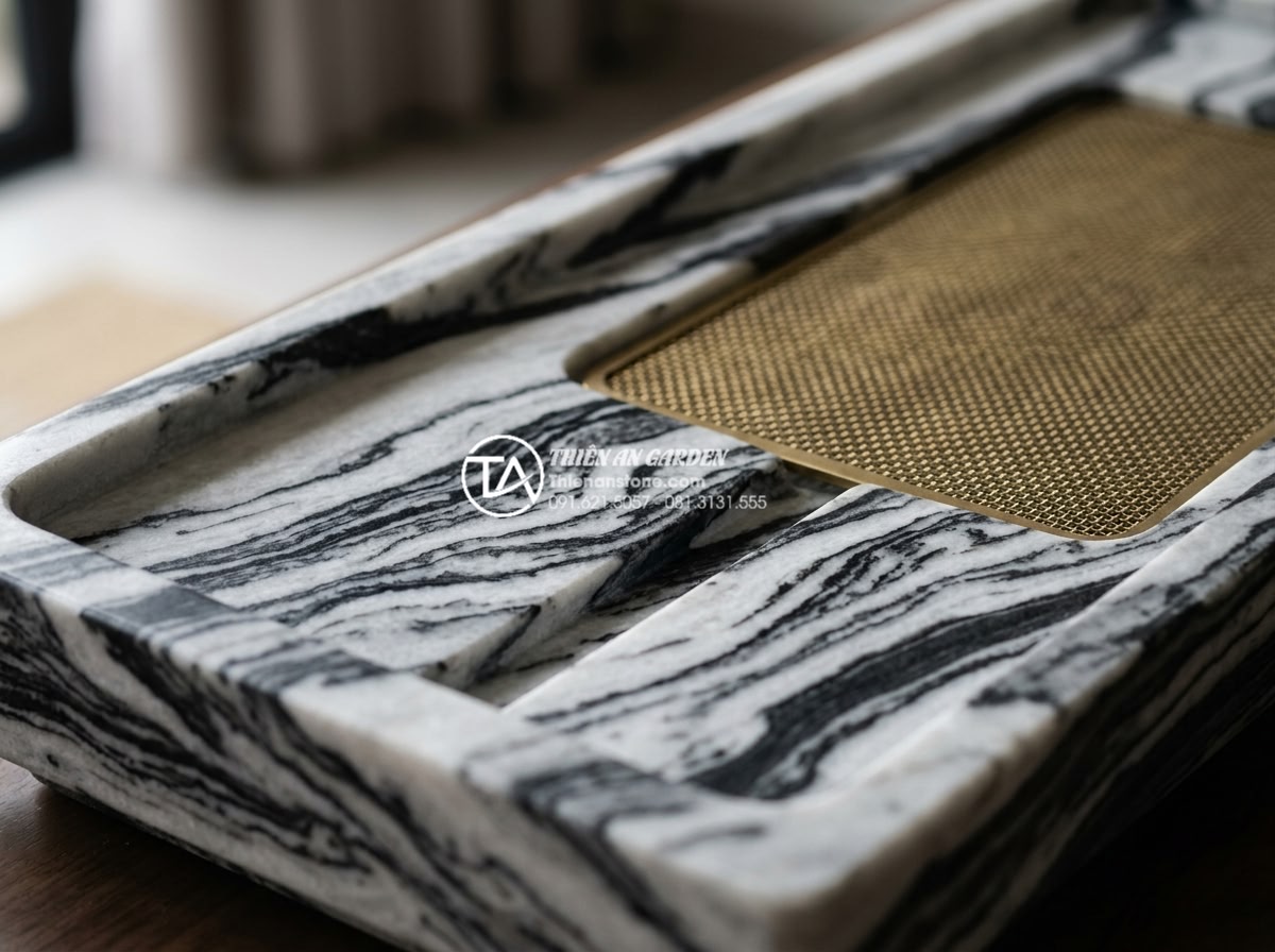 Cách sắp đặt bàn trà đạo bằng đá trong phòng thiền và trà thất - Detailed close-up of different natural stone samples side by side for tea table 