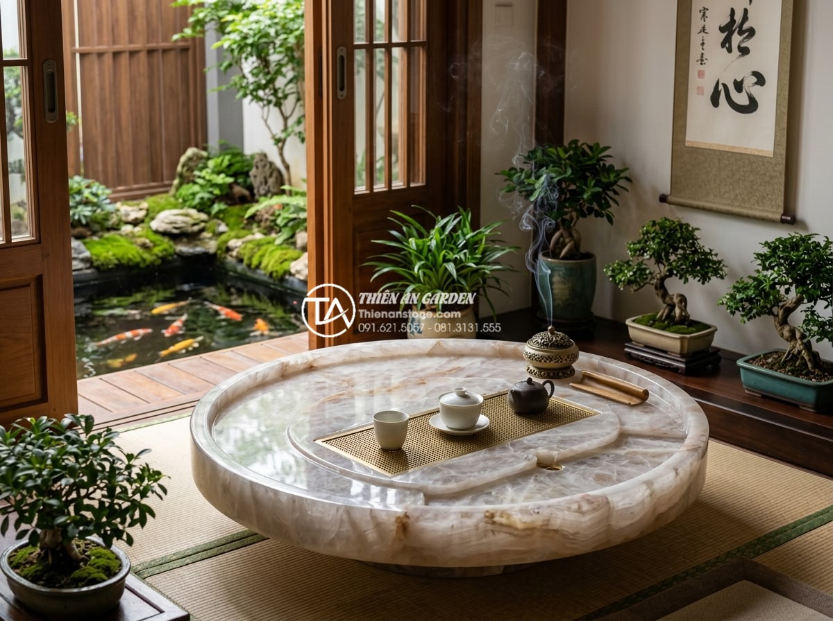 Cách sắp đặt bàn trà đạo bằng đá trong phòng thiền và trà thất - Traditional Vietnamese zen tea room interior showing optimal feng shui placement
