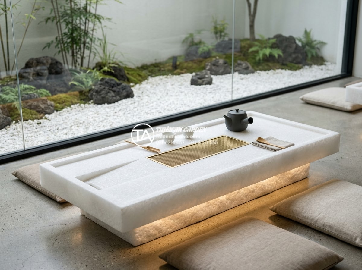 Cách sắp đặt bàn trà đạo bằng đá trong phòng thiền và trà thất - Contemporary minimalist tea room design featuring a sleek rectangular natural st