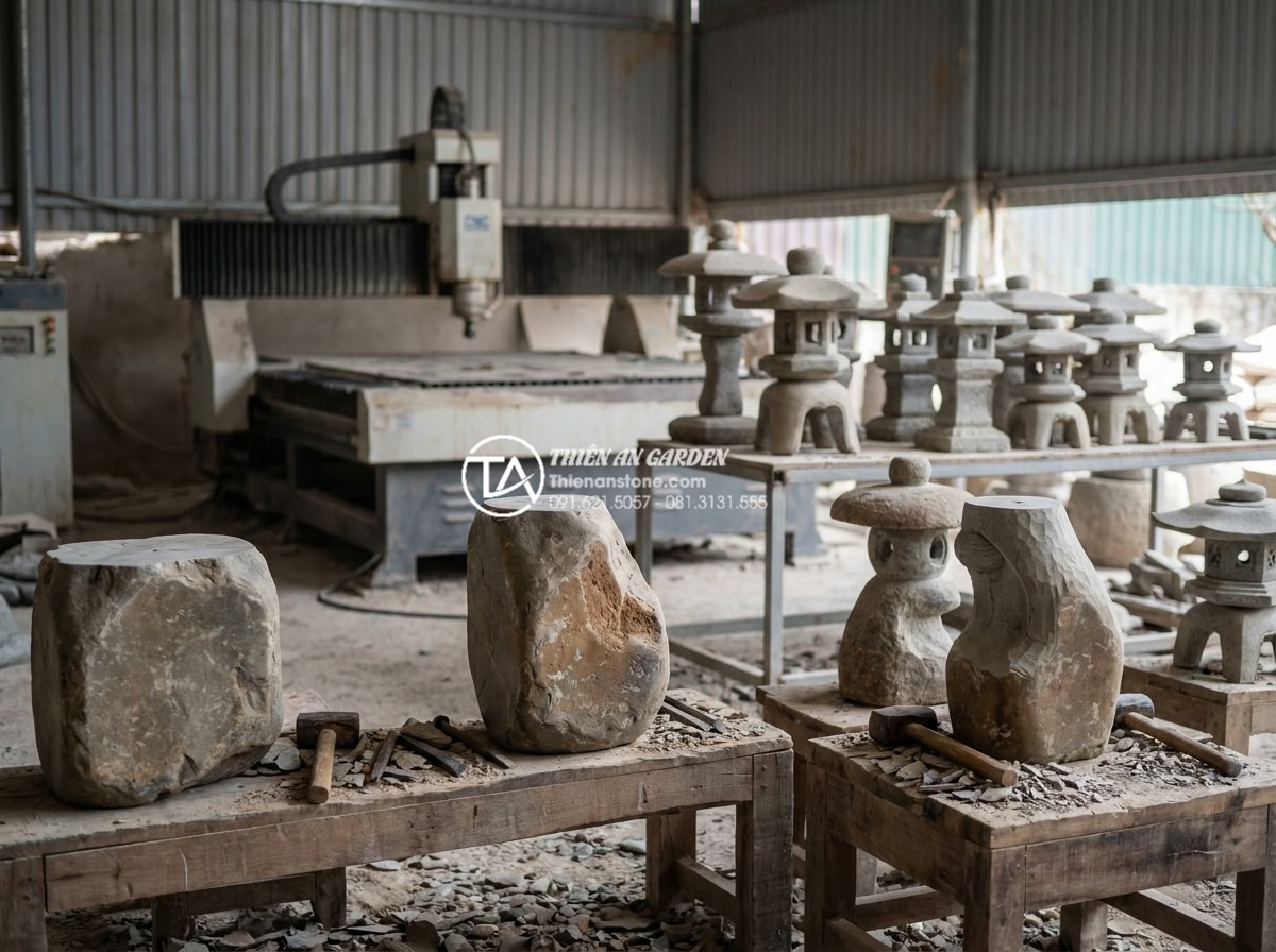 Case Study: Biến hóa sân vườn 30m2 với hệ thống đèn đá kiểu Nhật tối giản - Workshop interior showing artisans hand-carving Japanese style stone lanterns fr