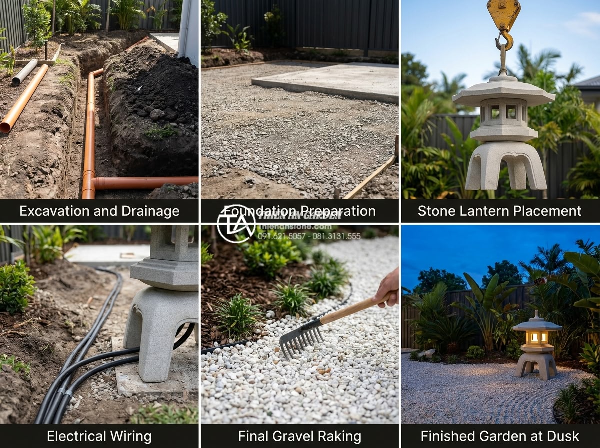 Case Study: Biến hóa sân vườn 30m2 với hệ thống đèn đá kiểu Nhật tối giản - Step-by-step construction timeline collage: excavation and drainage installation
