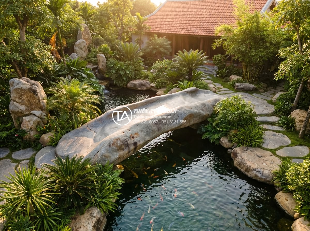 Case study: Cải tạo sân vườn biệt thự 500m2 với điểm nhấn cầu đá nguyên khối - Hình 1 Case study: Cải tạo sân vườn biệt thự 500m2 với điểm nhấn cầu đá nguyên khối - Professional aerial photography of a luxurious 500 square meter villa garden aft
