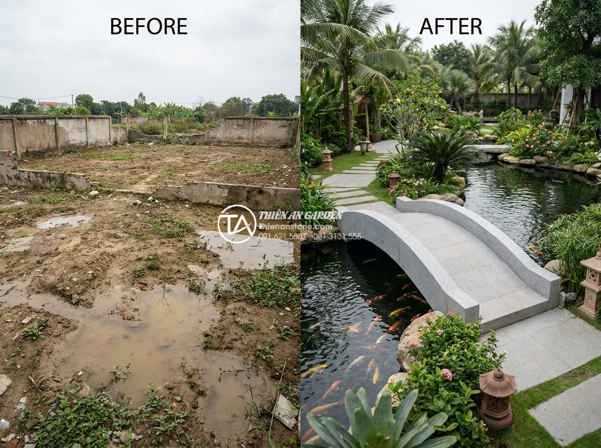 Case study: Cải tạo sân vườn biệt thự 500m2 với điểm nhấn cầu đá nguyên khối - Hình 8 Case study: Cải tạo sân vườn biệt thự 500m2 với điểm nhấn cầu đá nguyên khối - Split comparison image showing before and after renovation of the 500m2 villa ga