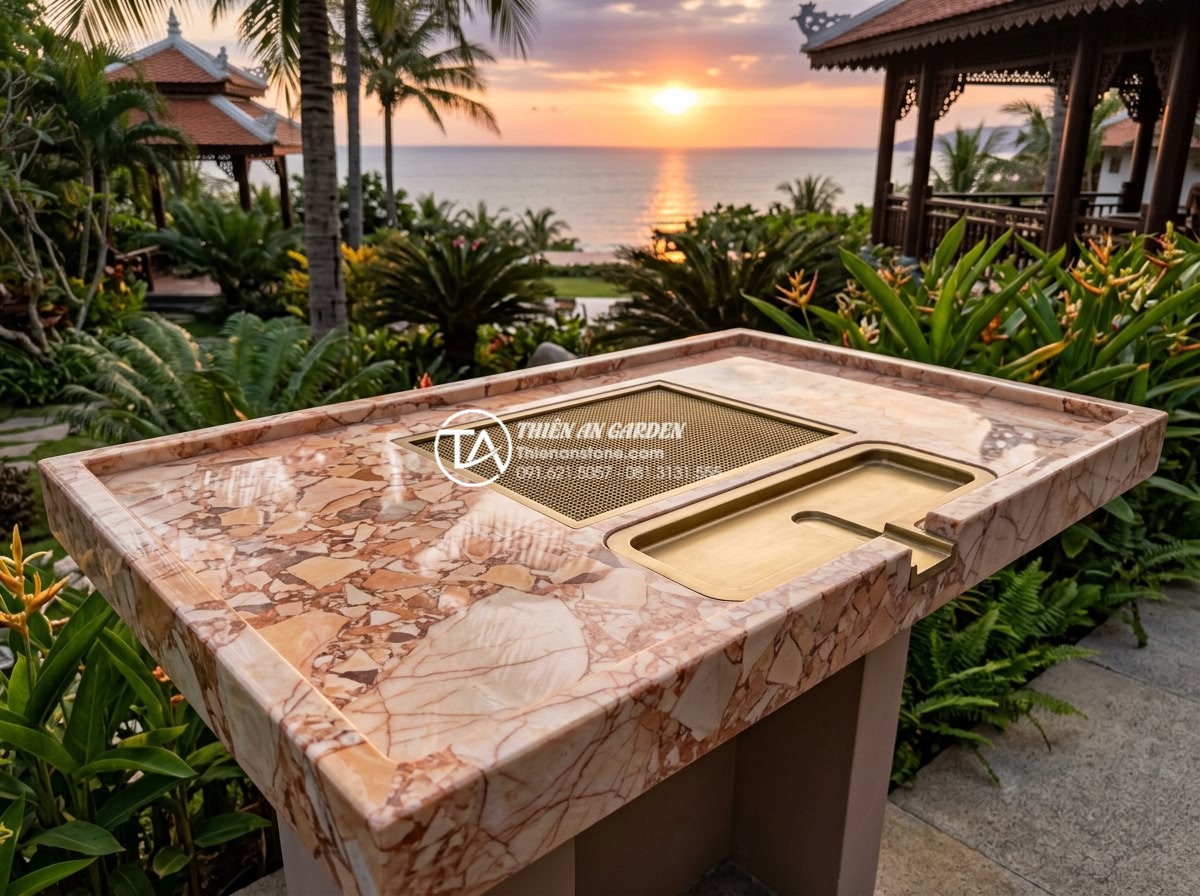 Case Study: Thi công hệ thống bàn trà đá nguyên khối cho Resort 5 sao - Happy resort management team posing with completed solid stone tea table install