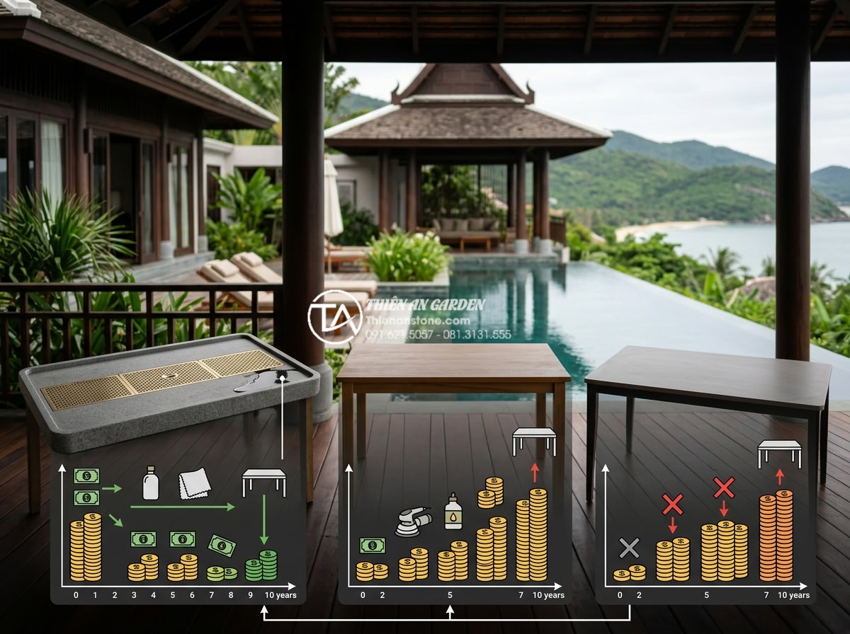Case Study: Thi công hệ thống bàn trà đá nguyên khối cho Resort 5 sao - Comparison infographic style image showing long-term cost benefits of natural st