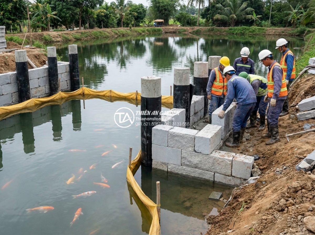 Cầu đá qua hồ cá Koi: 4 lưu ý kỹ thuật để không làm ảnh hưởng nguồn nước - Hình 2 Cầu đá qua hồ cá Koi: 4 lưu ý kỹ thuật để không làm ảnh hưởng nguồn nước - Detailed engineering photograph of a natural stone bridge foundation under const