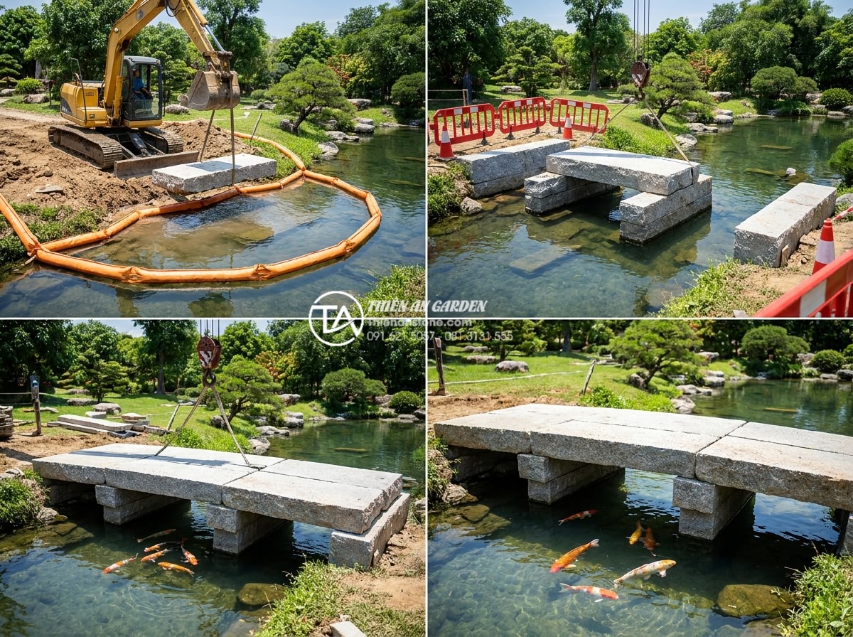 Cầu đá qua hồ cá Koi: 4 lưu ý kỹ thuật để không làm ảnh hưởng nguồn nước - Hình 3 Cầu đá qua hồ cá Koi: 4 lưu ý kỹ thuật để không làm ảnh hưởng nguồn nước - Step-by-step construction sequence of a natural stone bridge over Koi pond showi