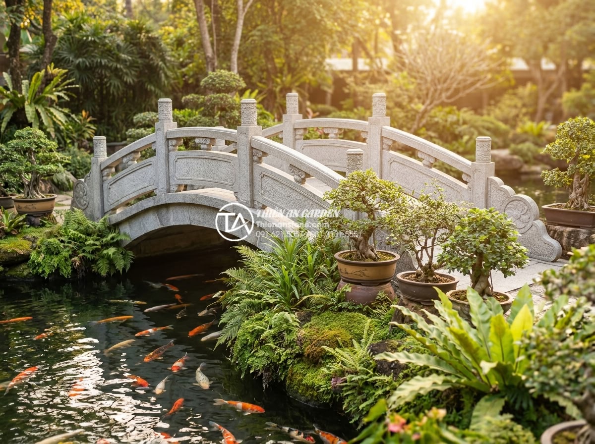 Cầu đá qua hồ cá Koi: 4 lưu ý kỹ thuật để không làm ảnh hưởng nguồn nước - Hình 5 Cầu đá qua hồ cá Koi: 4 lưu ý kỹ thuật để không làm ảnh hưởng nguồn nước - Elegant natural stone bridge integrated seamlessly into a luxurious Vietnamese g