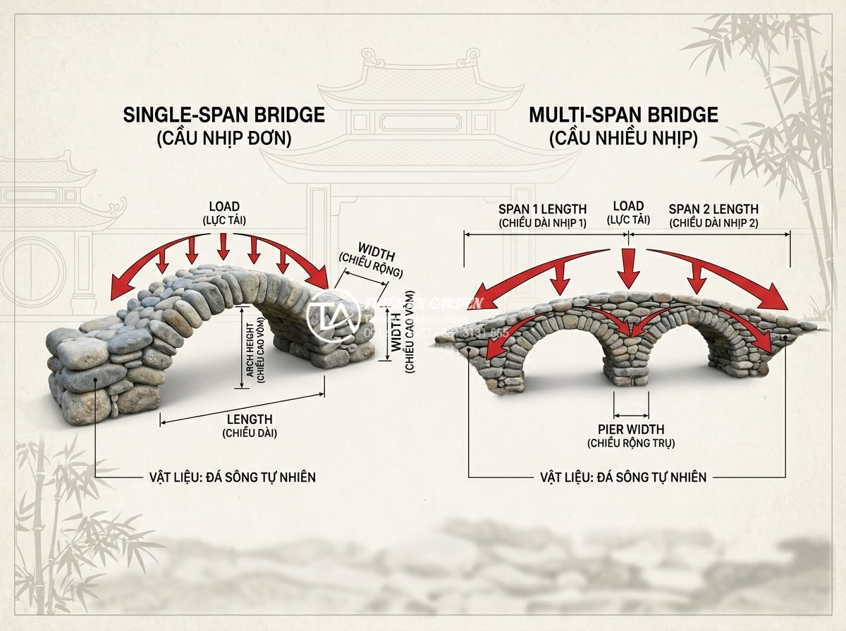 Cầu đá sân vườn một nhịp vs nhiều nhịp: Cách chọn theo diện tích hồ - Hình 4 Cầu đá sân vườn một nhịp vs nhiều nhịp: Cách chọn theo diện tích hồ - Technical comparison infographic style image showing side-by-side cross-section