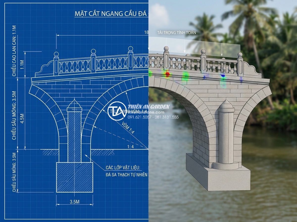 Cầu đá sân vườn một nhịp vs nhiều nhịp: Cách chọn theo diện tích hồ - Hình 6 Cầu đá sân vườn một nhịp vs nhiều nhịp: Cách chọn theo diện tích hồ - Detailed engineering diagram and 3D rendering of stone bridge cross-section show