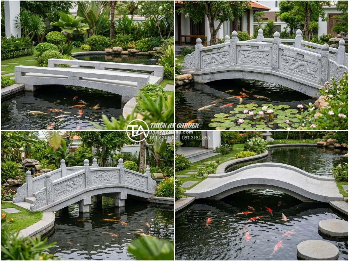 Cầu đá sân vườn một nhịp vs nhiều nhịp: Cách chọn theo diện tích hồ - Hình 8 Cầu đá sân vườn một nhịp vs nhiều nhịp: Cách chọn theo diện tích hồ - Collage of three different beautiful stone garden bridges: modern minimalist sin