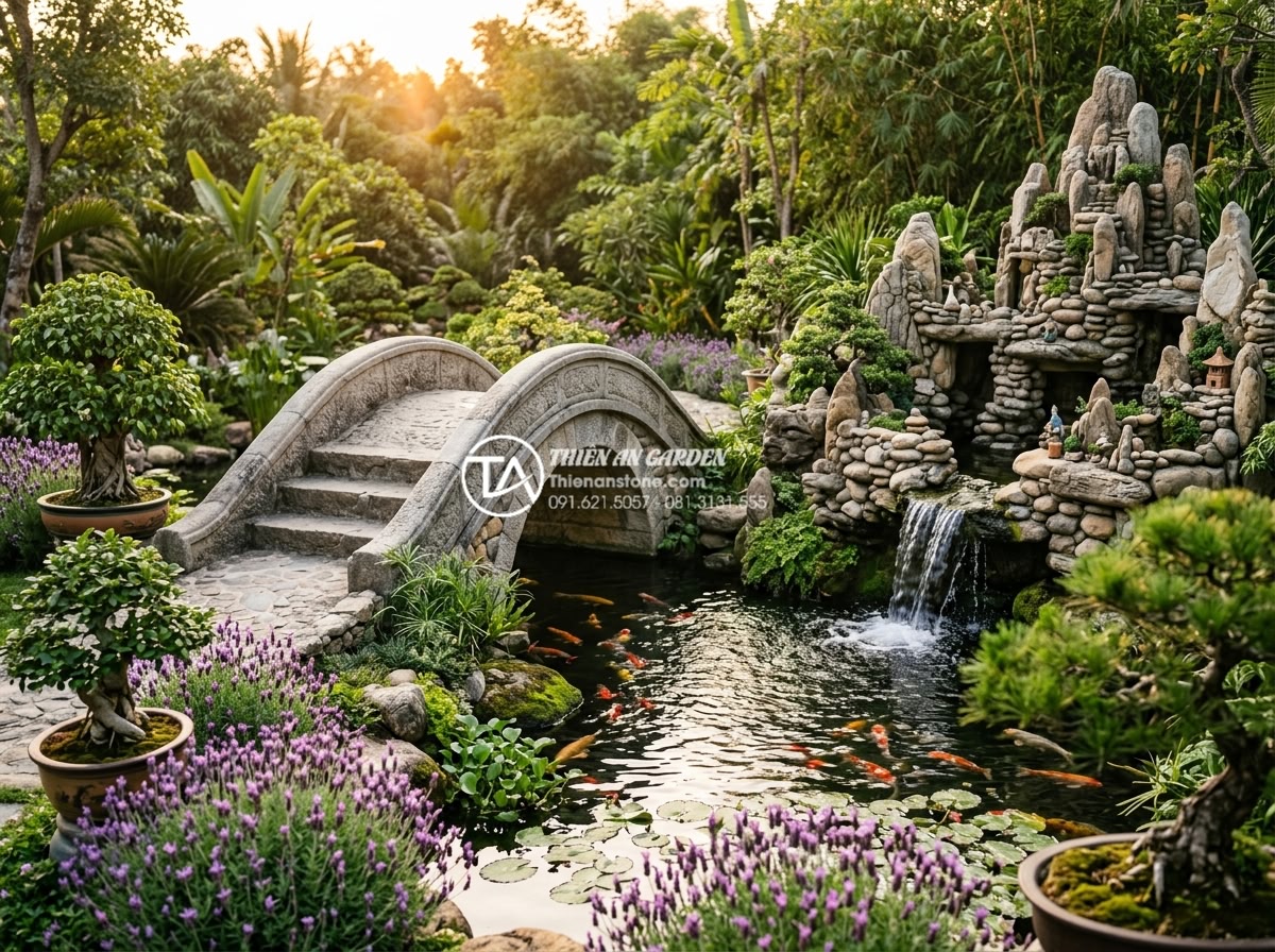 Cầu đá sân vườn phong cách Châu Âu: Khi sự cổ điển hòa quyện cùng thiên nhiên - Hình 12 Cầu đá sân vườn phong cách Châu Âu: Khi sự cổ điển hòa quyện cùng thiên nhiên - Detailed view of a classical European stone bridge integrated with a traditional