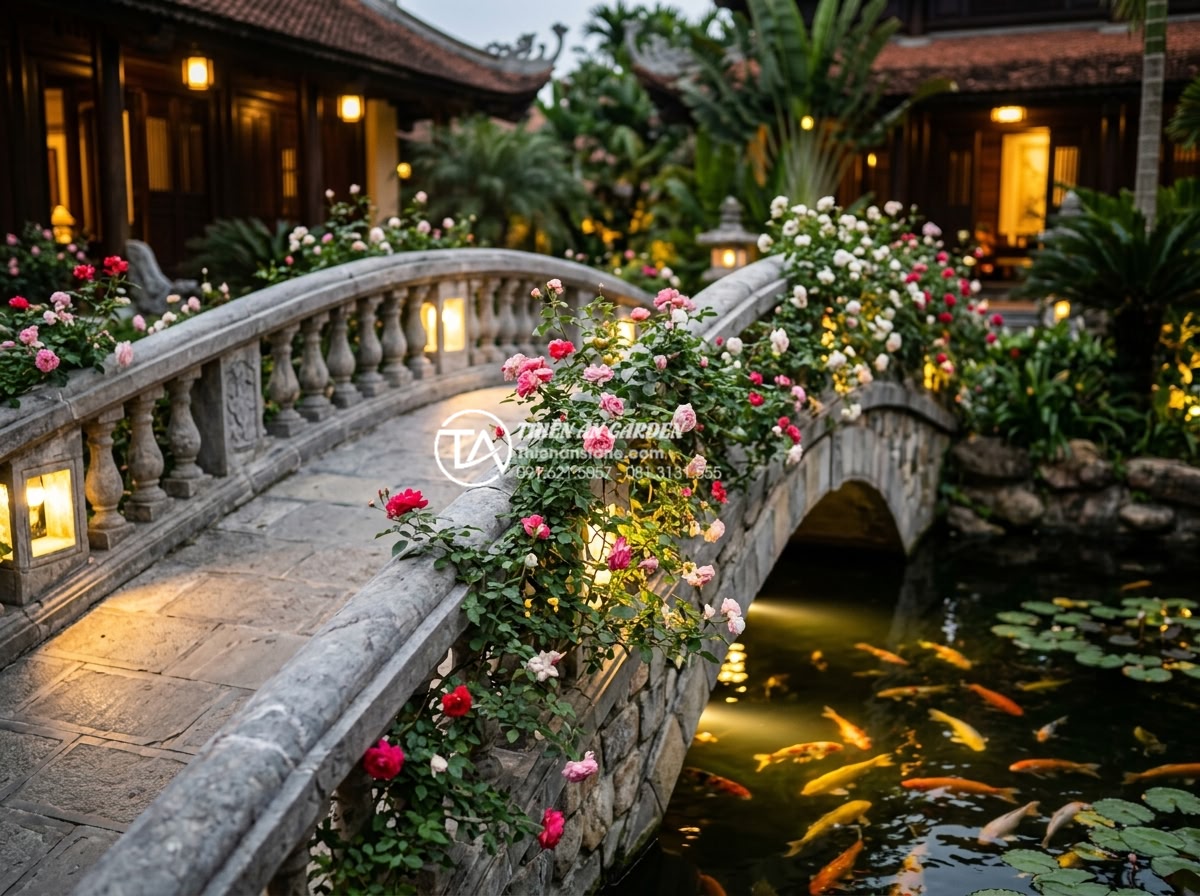 Cầu đá sân vườn phong cách Châu Âu: Khi sự cổ điển hòa quyện cùng thiên nhiên - Hình 14 Cầu đá sân vườn phong cách Châu Âu: Khi sự cổ điển hòa quyện cùng thiên nhiên - Interior view of a European stone bridge walkway at a luxury villa in Hanoi, wit