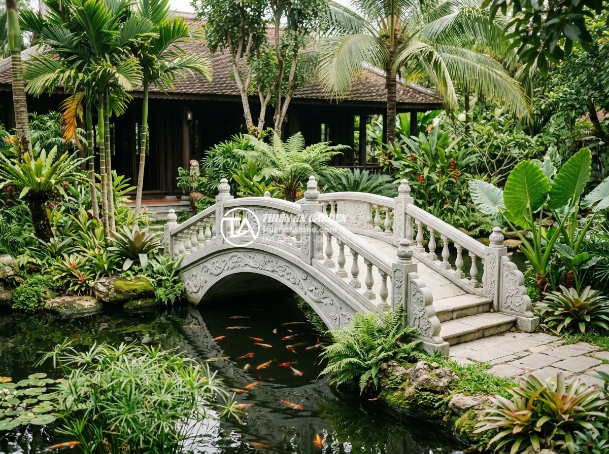 Cầu đá sân vườn phong cách Châu Âu: Khi sự cổ điển hòa quyện cùng thiên nhiên - Hình 2 Cầu đá sân vườn phong cách Châu Âu: Khi sự cổ điển hòa quyện cùng thiên nhiên - Modern Vietnamese adaptation of European style stone bridge in a tropical villa