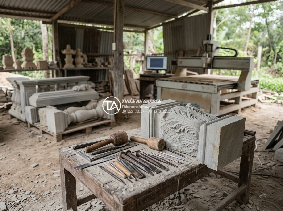 Cầu đá sân vườn phong cách Châu Âu: Khi sự cổ điển hòa quyện cùng thiên nhiên - Hình 7 Cầu đá sân vườn phong cách Châu Âu: Khi sự cổ điển hòa quyện cùng thiên nhiên - Professional stone carving workshop where artisans hand-carve classical European