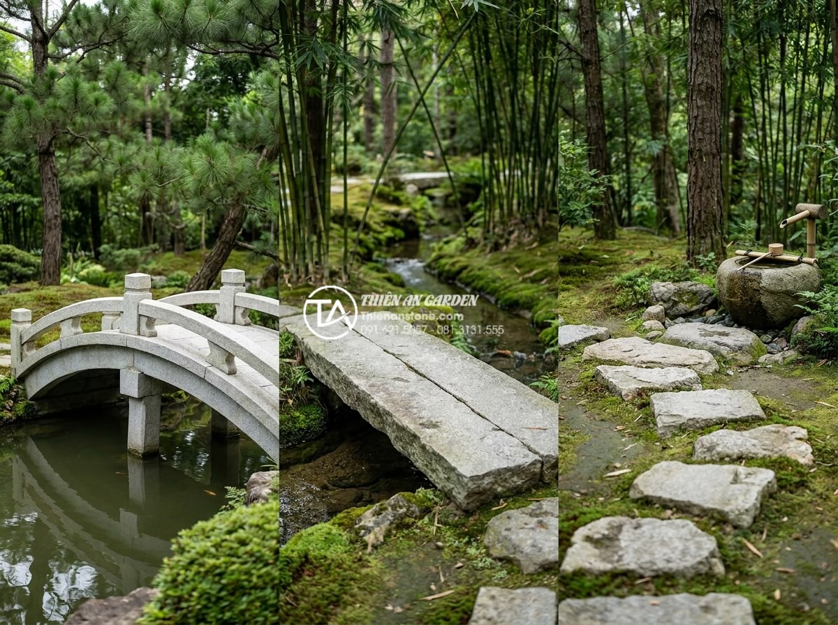 Cầu sân vườn Nhật Bản: Nghệ thuật sắp đặt và triết lý Zen trong cảnh quan - Hình 3 Cầu sân vườn Nhật Bản: Nghệ thuật sắp đặt và triết lý Zen trong cảnh quan - Three types of authentic Japanese garden stone bridges side by side for comparis