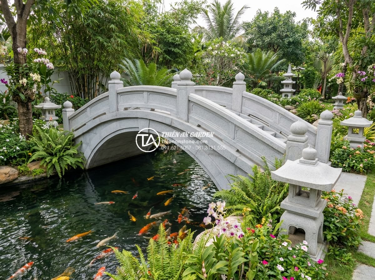 Cầu trang trí sân vườn bằng đá tự nhiên: Ưu điểm vượt trội so với gỗ và bê tông - Hình 1 Cầu trang trí sân vườn bằng đá tự nhiên: Ưu điểm vượt trội so với gỗ và bê tông - Photorealistic wide-angle view of a majestic natural granite arched garden bridg