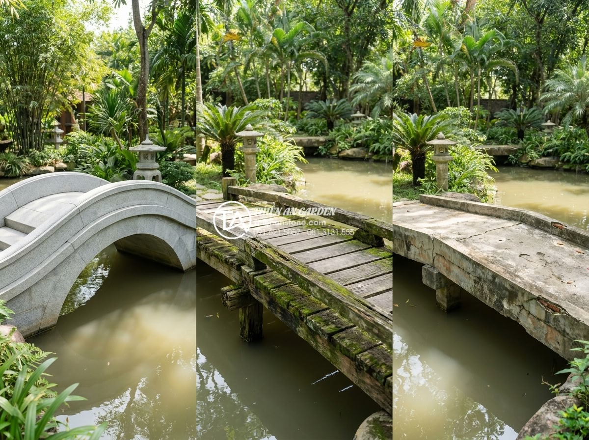 Cầu trang trí sân vườn bằng đá tự nhiên: Ưu điểm vượt trội so với gỗ và bê tông - Hình 5 Cầu trang trí sân vườn bằng đá tự nhiên: Ưu điểm vượt trội so với gỗ và bê tông - Side-by-side comparison photorealistic rendering showing three garden bridges: l