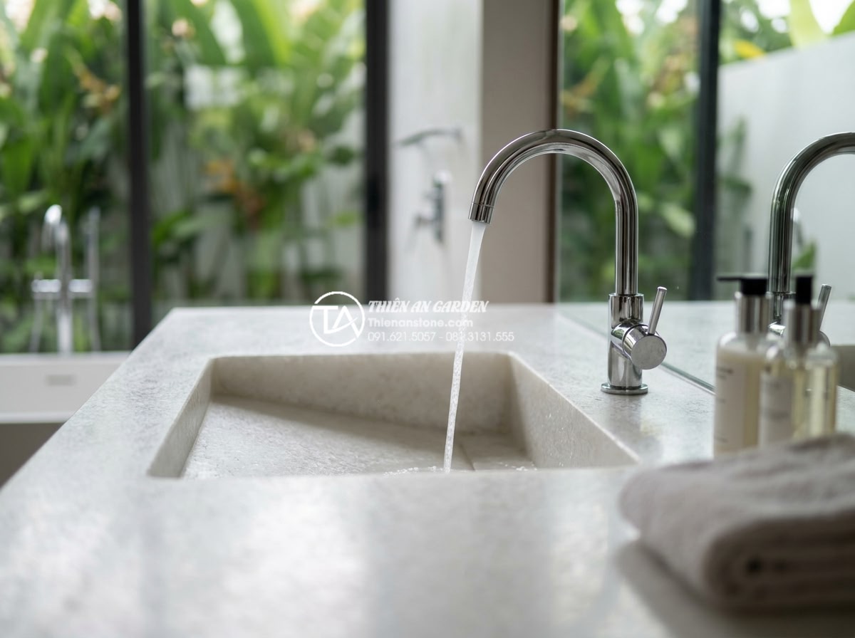 Chậu Rửa Mặt Liền Bàn Đá - Giải Pháp Đồng Bộ Cho Phòng Tắm Cao Cấp - Luxurious integrated natural stone sink and countertop in a modern high-end bath