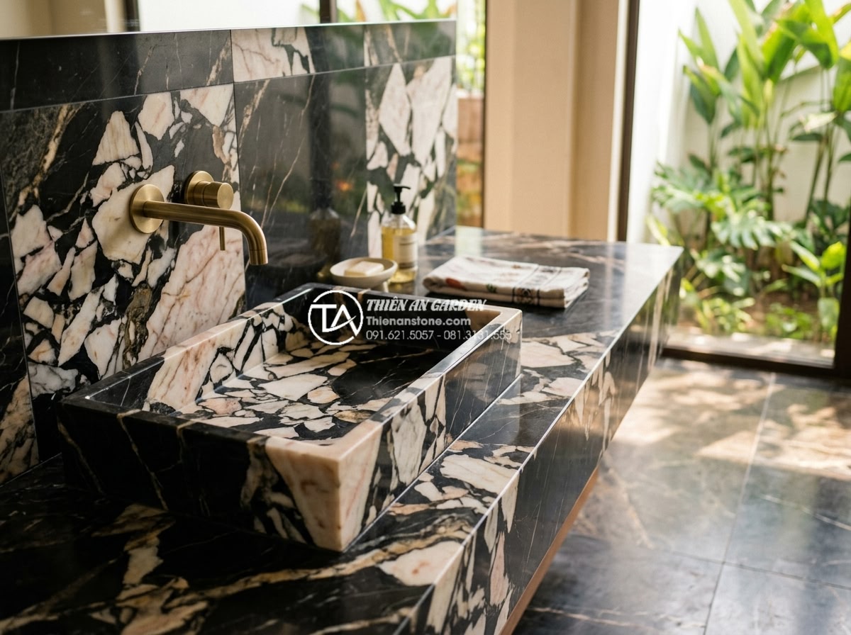 Chậu Rửa Mặt Liền Bàn Đá - Giải Pháp Đồng Bộ Cho Phòng Tắm Cao Cấp - Color coordinated natural stone sink countertop matching bathroom tiles and over