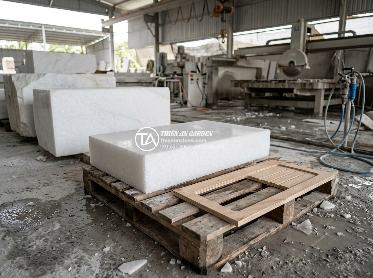 Chậu Rửa Mặt Liền Bàn Đá - Giải Pháp Đồng Bộ Cho Phòng Tắm Cao Cấp - Professional stone workshop showing raw natural stone blocks being selected for 
