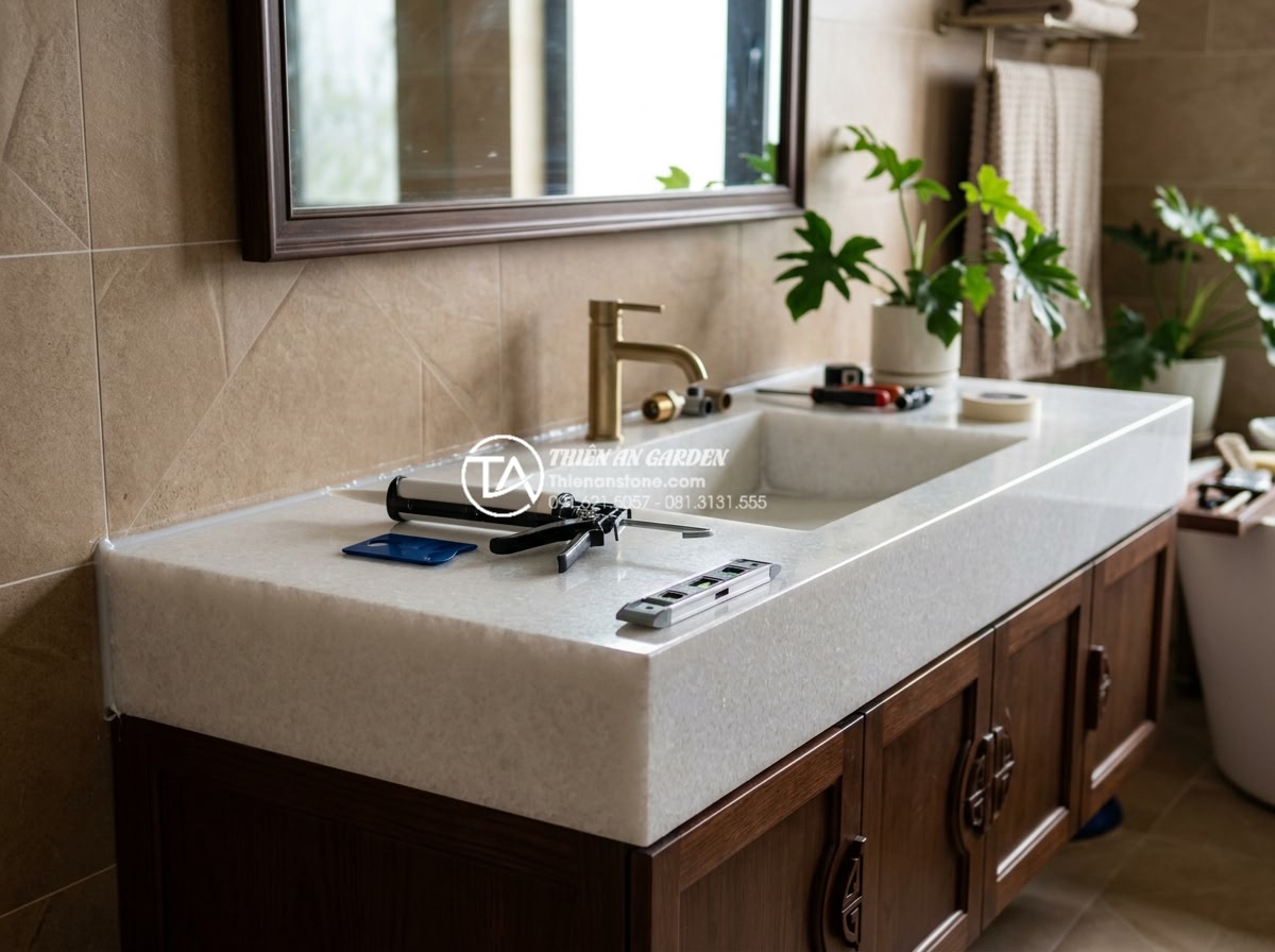 Chậu Rửa Mặt Liền Bàn Đá - Giải Pháp Đồng Bộ Cho Phòng Tắm Cao Cấp - Installation process of stone vanity sink in luxury bathroom with technicians en