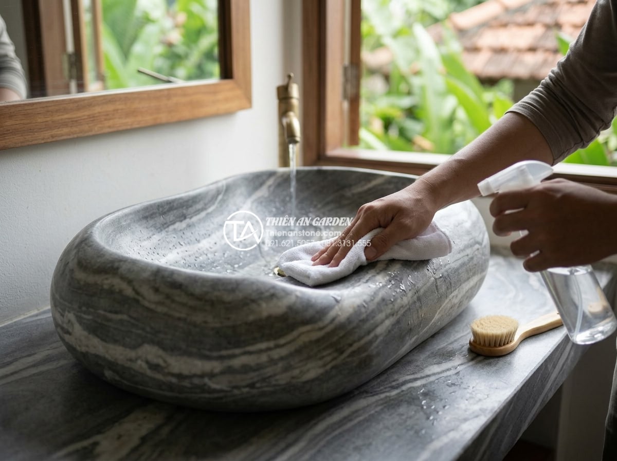 Chậu Rửa Mặt Liền Bàn Đá - Giải Pháp Đồng Bộ Cho Phòng Tắm Cao Cấp - Maintenance demonstration of cleaning natural stone countertop sink with appropr