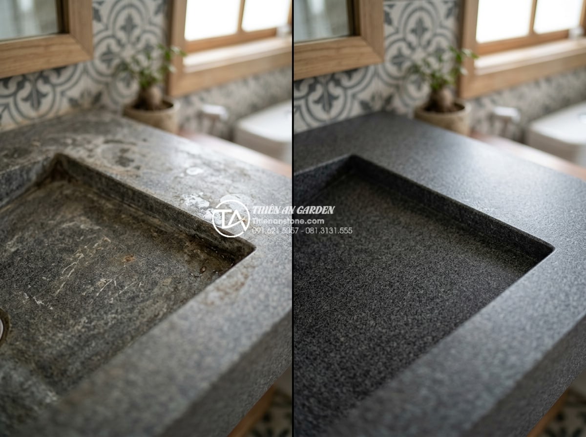 Chậu Rửa Mặt Liền Bàn Đá - Giải Pháp Đồng Bộ Cho Phòng Tắm Cao Cấp - Before and after restoration of polished stone integrated basin showing proper c