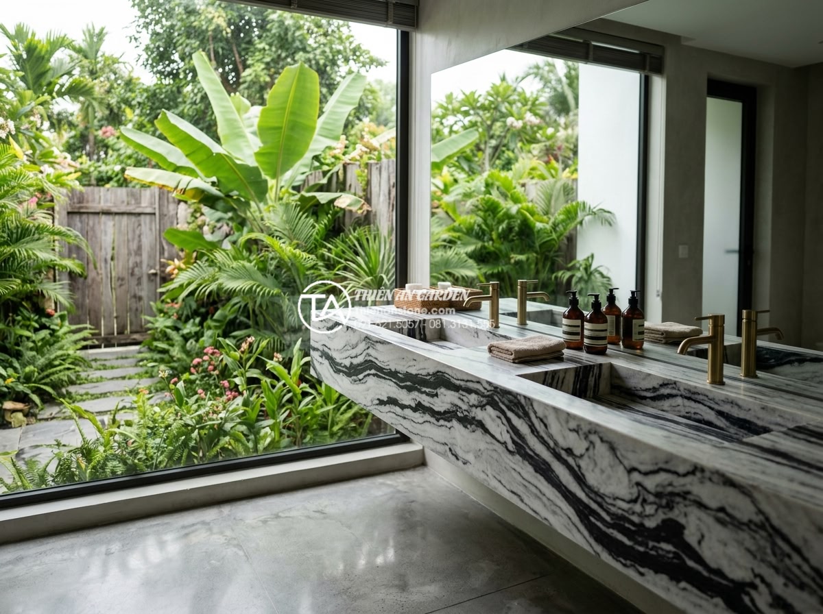 Chậu Rửa Mặt Liền Bàn Đá - Giải Pháp Đồng Bộ Cho Phòng Tắm Cao Cấp - Luxury villa master bathroom with custom integrated stone sink vanity overlookin