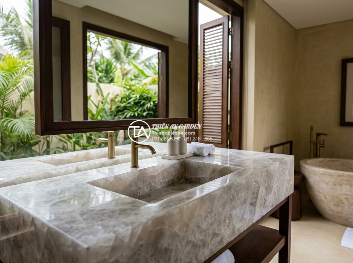 Chậu Rửa Mặt Liền Bàn Đá - Giải Pháp Đồng Bộ Cho Phòng Tắm Cao Cấp - Resort hotel bathroom suite featuring premium stone integrated basin and counter