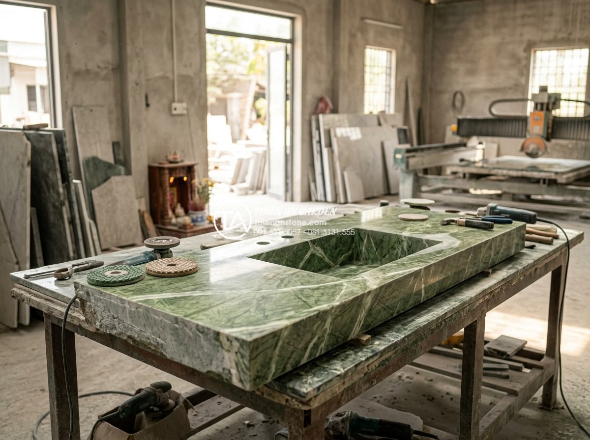 Chậu Rửa Mặt Liền Bàn Đá - Giải Pháp Đồng Bộ Cho Phòng Tắm Cao Cấp - Professional team at stone company workshop crafting custom integrated sink coun
