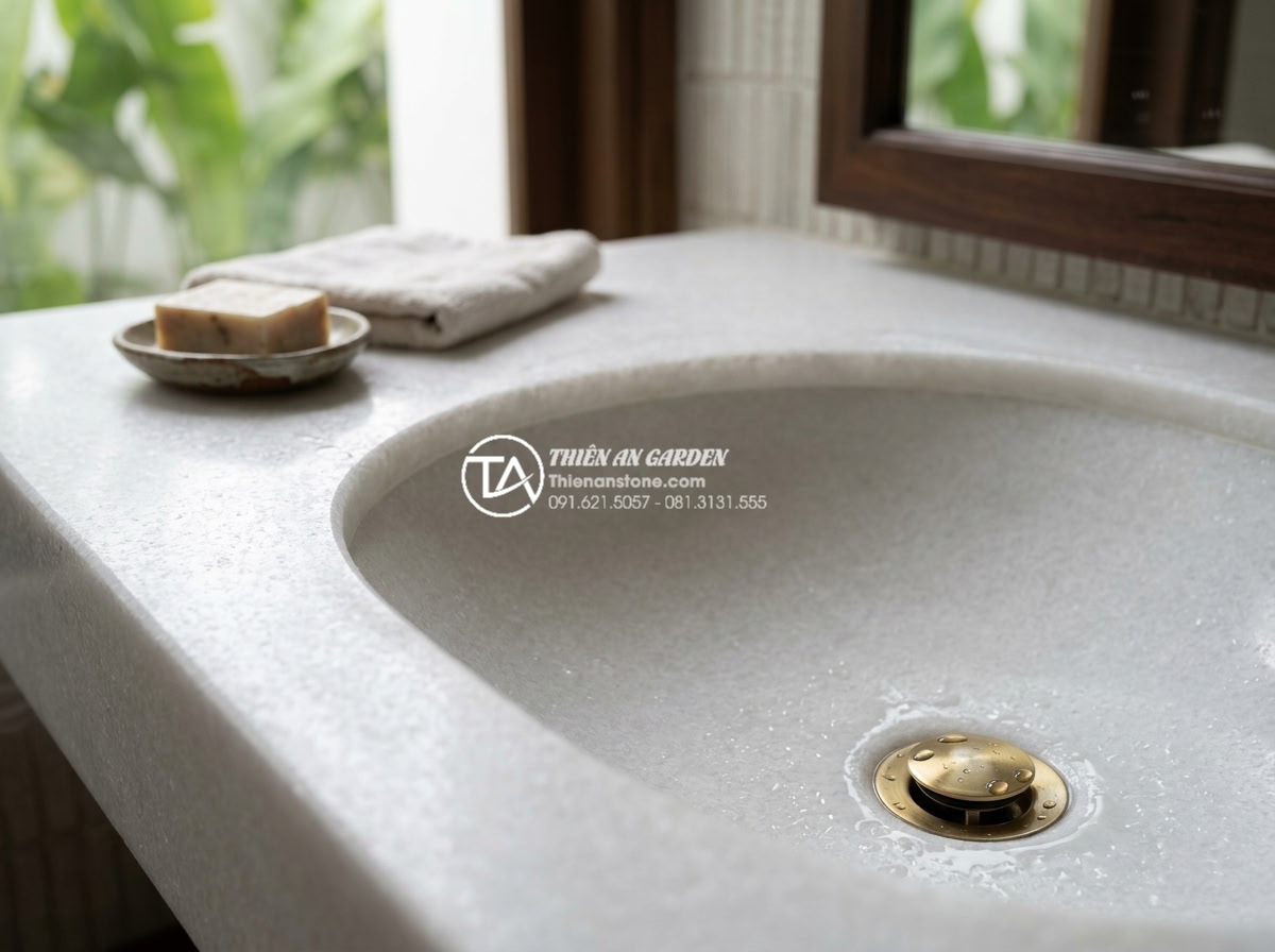 Chậu Rửa Mặt Liền Bàn Đá - Giải Pháp Đồng Bộ Cho Phòng Tắm Cao Cấp - Close-up view of seamless stone basin integrated with countertop showing natural