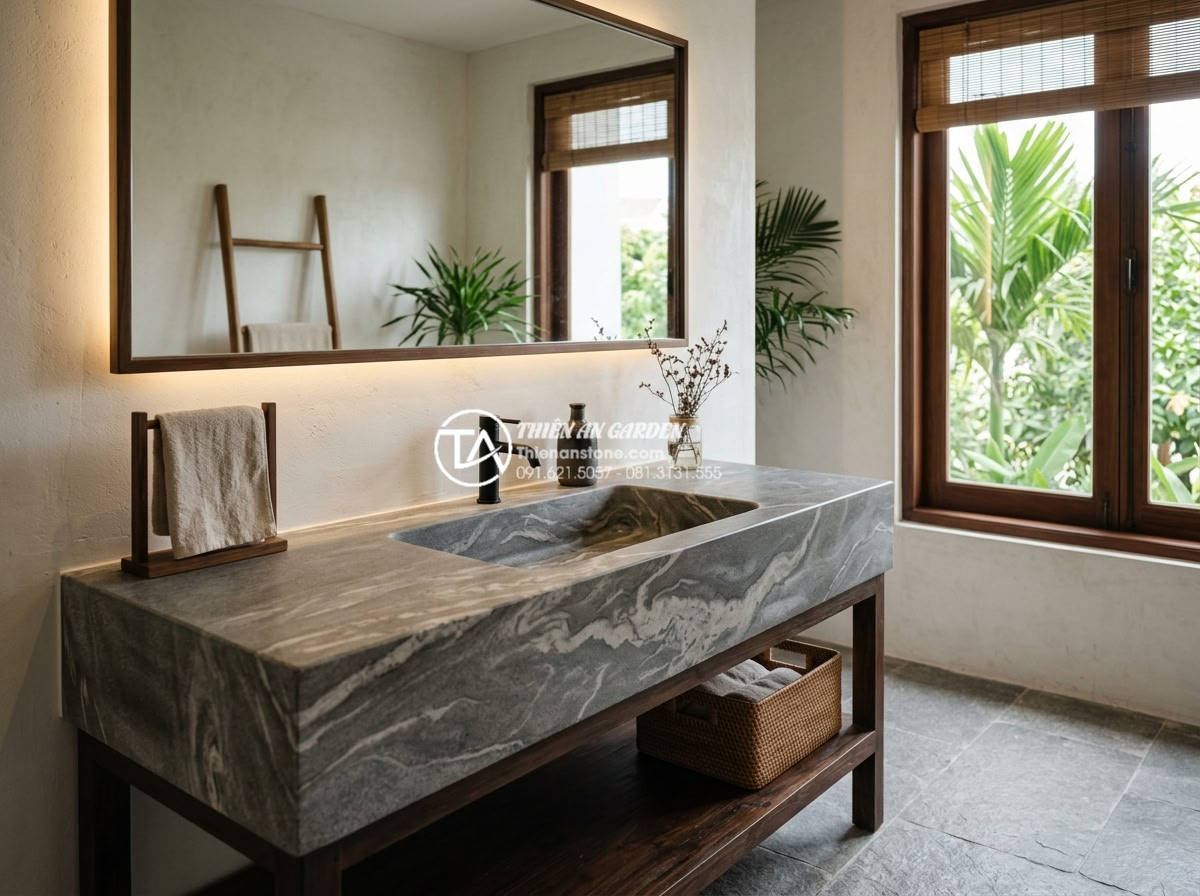 Chậu Rửa Mặt Liền Bàn Đá - Giải Pháp Đồng Bộ Cho Phòng Tắm Cao Cấp - Elegant bathroom interior featuring integrated stone vanity sink with natural st