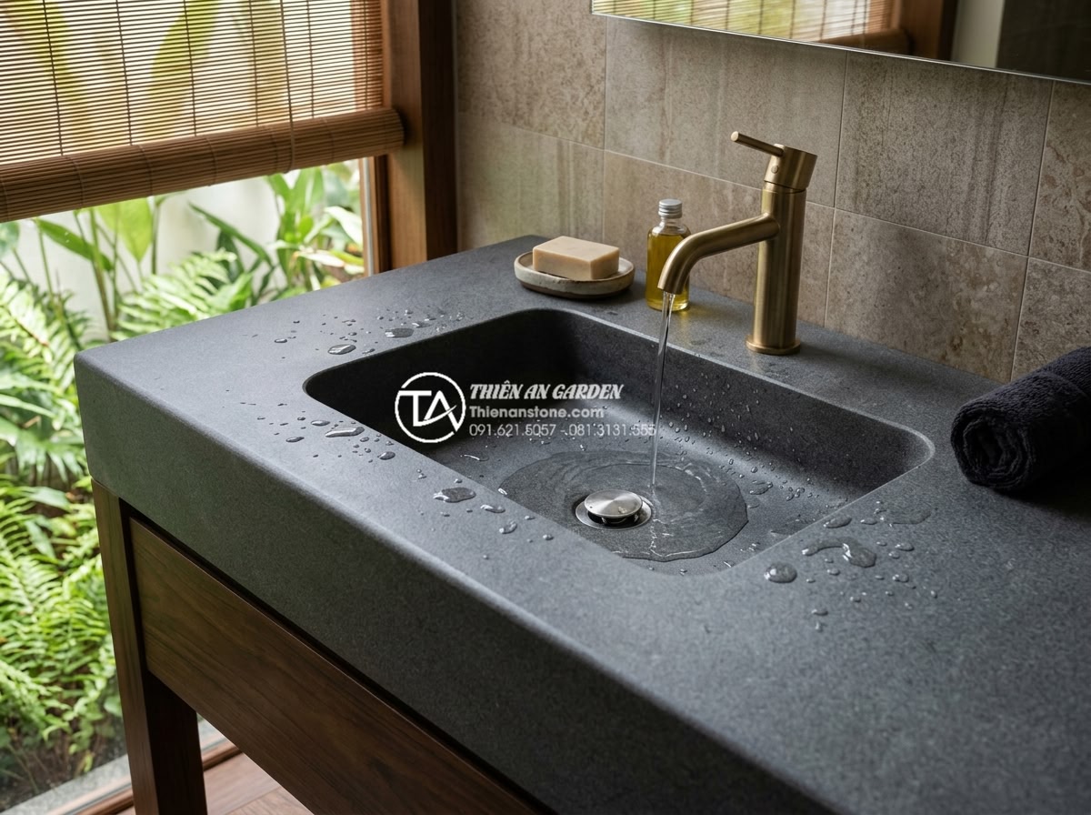 Chậu Rửa Mặt Liền Bàn Đá - Giải Pháp Đồng Bộ Cho Phòng Tắm Cao Cấp - Durable natural stone integrated sink countertop demonstrating water resistance 