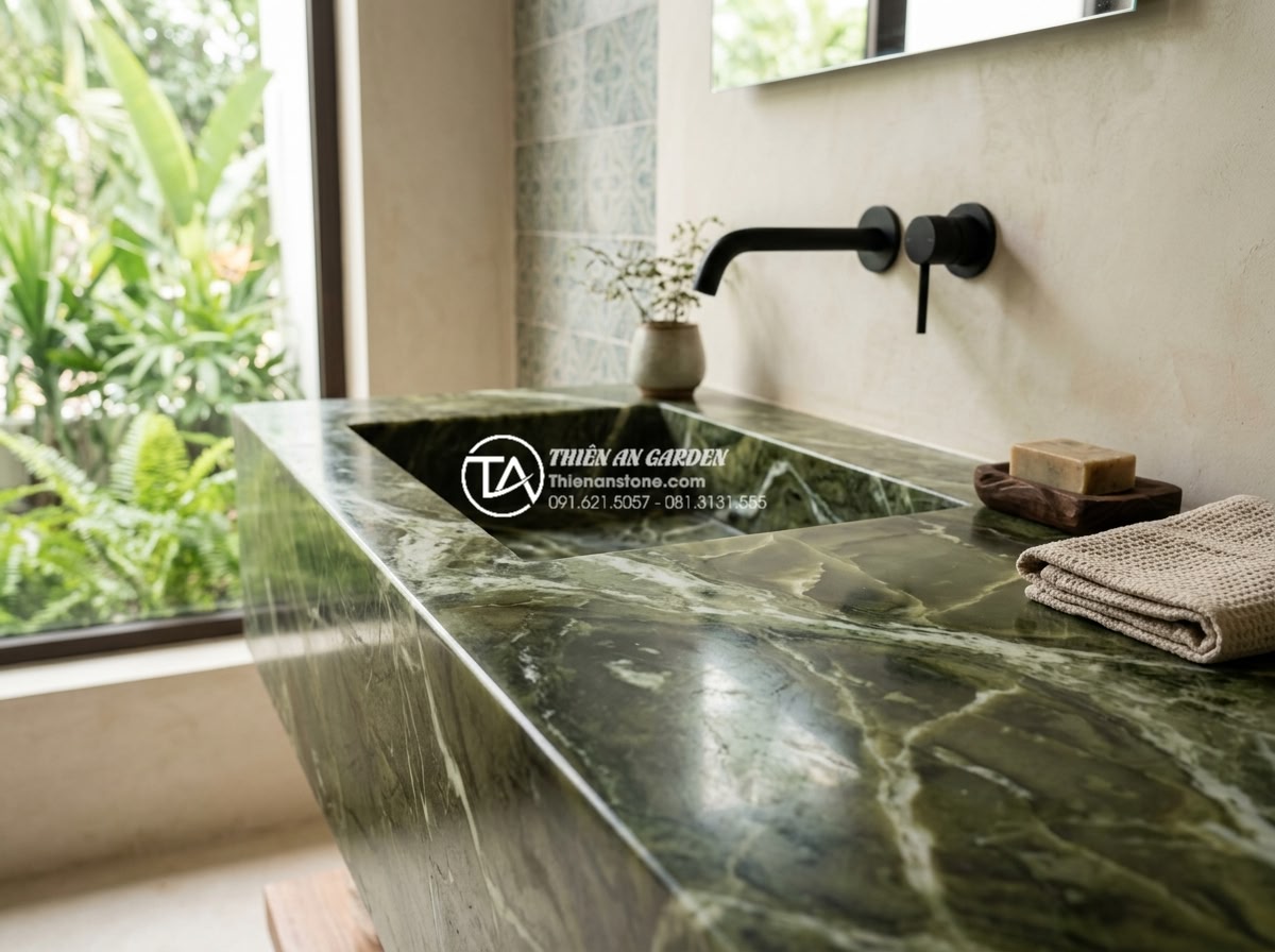 Chậu Rửa Mặt Liền Bàn Đá - Giải Pháp Đồng Bộ Cho Phòng Tắm Cao Cấp - White Carrara marble integrated bathroom sink and vanity top with soft natural v