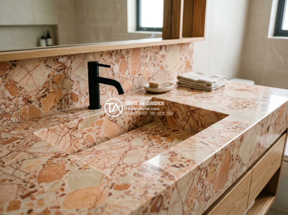 Chậu Rửa Mặt Liền Bàn Đá - Giải Pháp Đồng Bộ Cho Phòng Tắm Cao Cấp - Black granite seamless sink countertop in contemporary bathroom showing speckled