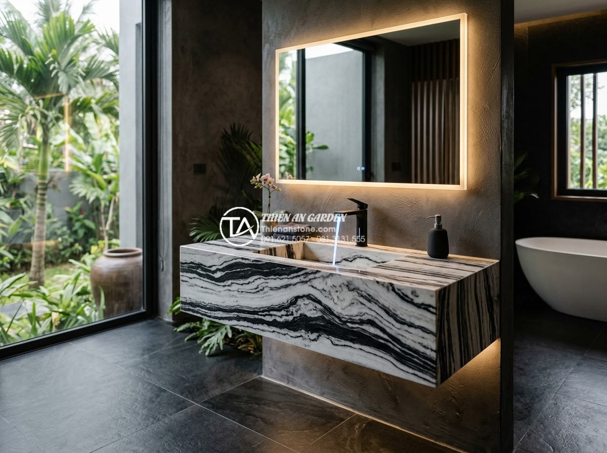 Chậu Rửa Mặt Liền Bàn Đá - Giải Pháp Đồng Bộ Cho Phòng Tắm Cao Cấp - Modern minimalist integrated stone sink with smart faucet and LED lighting in fu