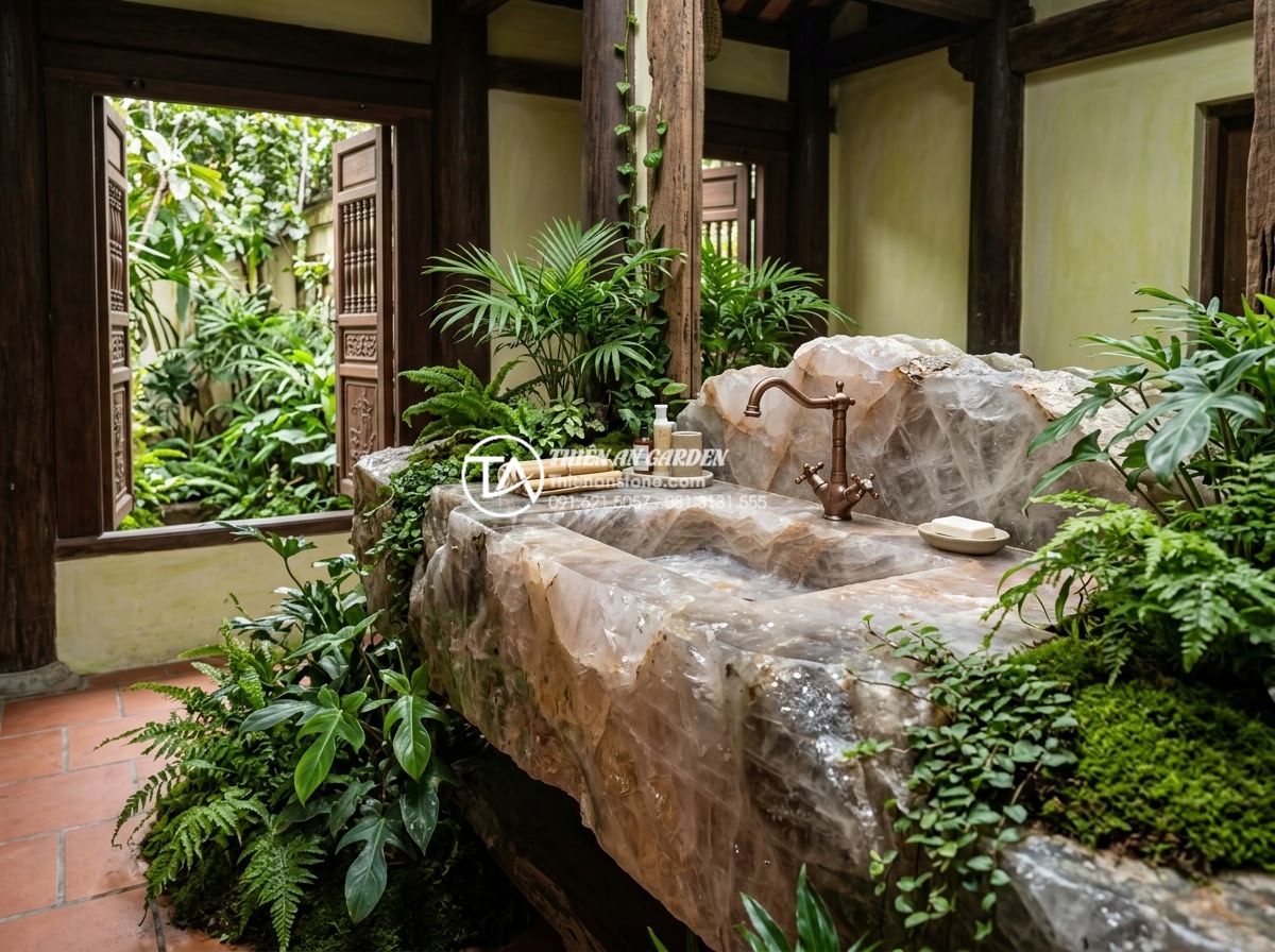 Chậu Rửa Mặt Liền Bàn Đá - Giải Pháp Đồng Bộ Cho Phòng Tắm Cao Cấp - Natural rustic stone integrated basin vanity blending with indoor garden element