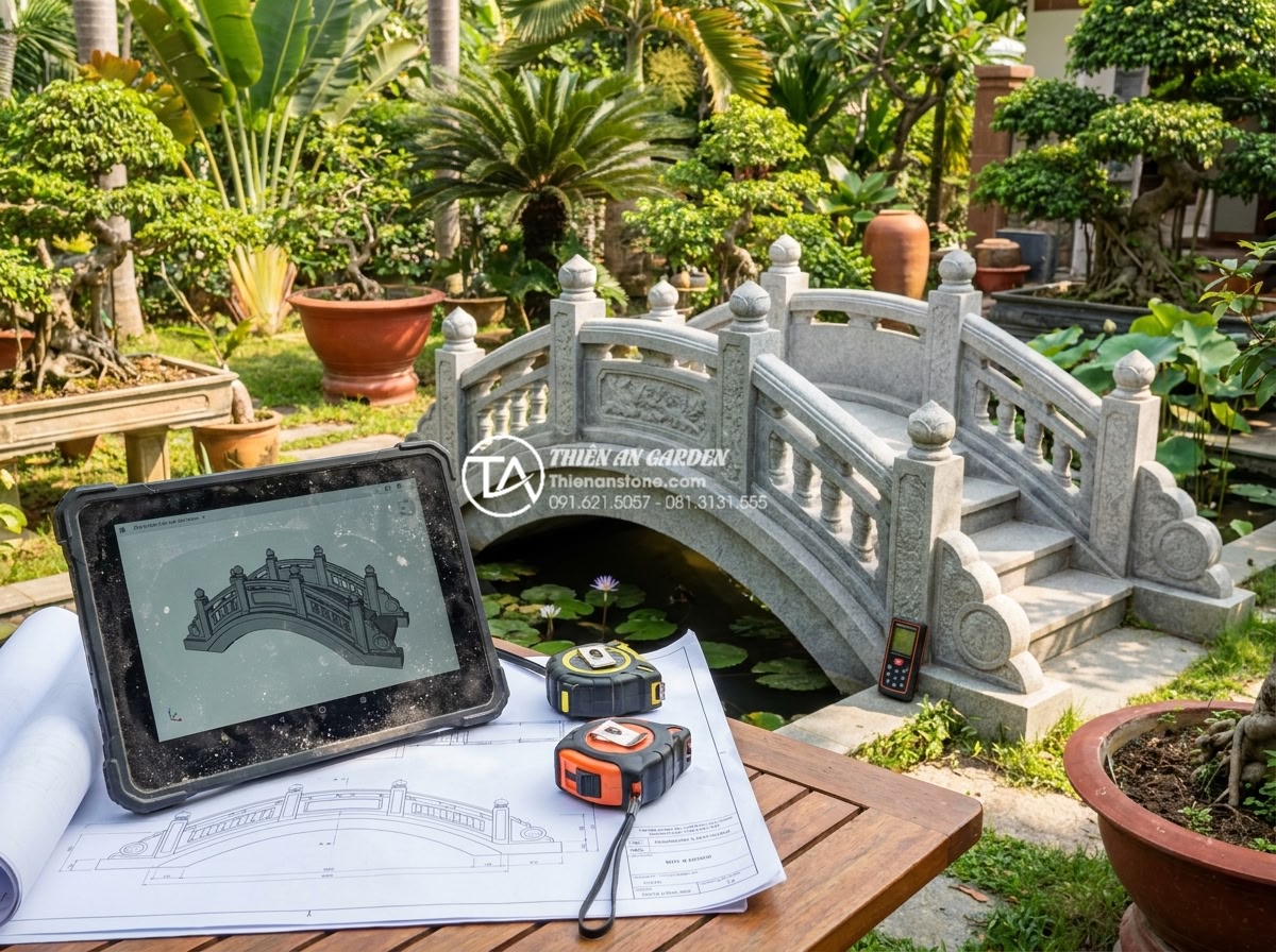 Checklist 10 hạng mục nghiệm thu khi bàn giao công trình cầu đá sân vườn - Hình 2 Checklist 10 hạng mục nghiệm thu khi bàn giao công trình cầu đá sân vườn - Engineers using laser measuring tools and 3D model tablet to verify exact dimens