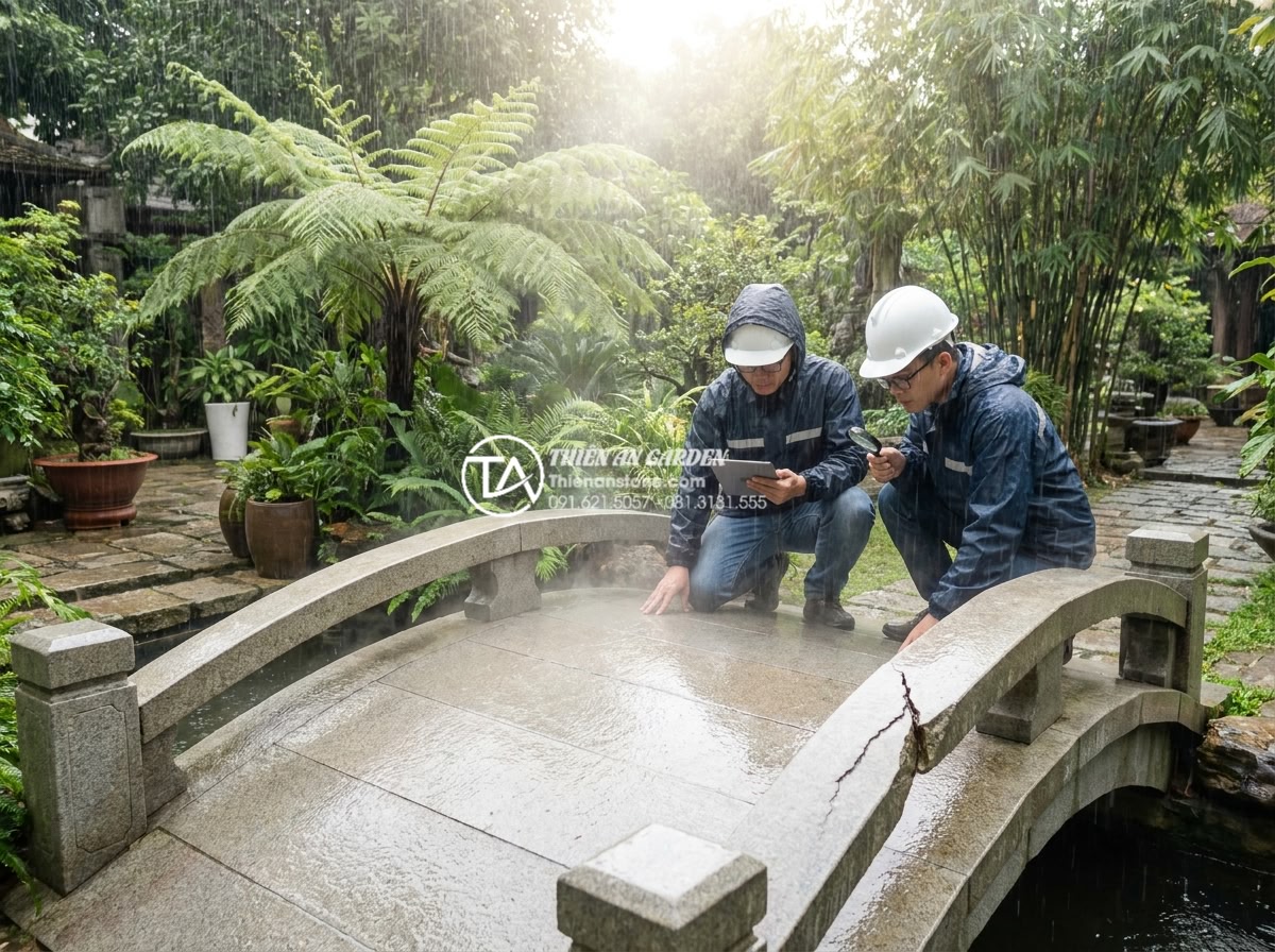 Checklist 10 hạng mục nghiệm thu khi bàn giao công trình cầu đá sân vườn - Hình 5 Checklist 10 hạng mục nghiệm thu khi bàn giao công trình cầu đá sân vườn - Weather resistance testing of natural stone garden bridge in heavy rain and stro