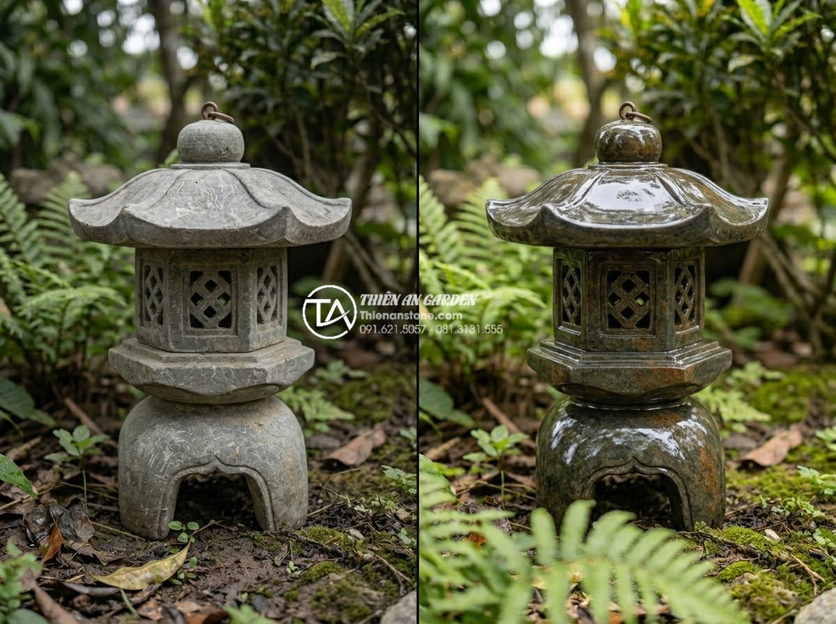 Checklist 7 tiêu chí kiểm tra chất lượng đèn đá trước khi nhận hàng - Before and after comparison of natural stone garden lamp surface maintenance: le