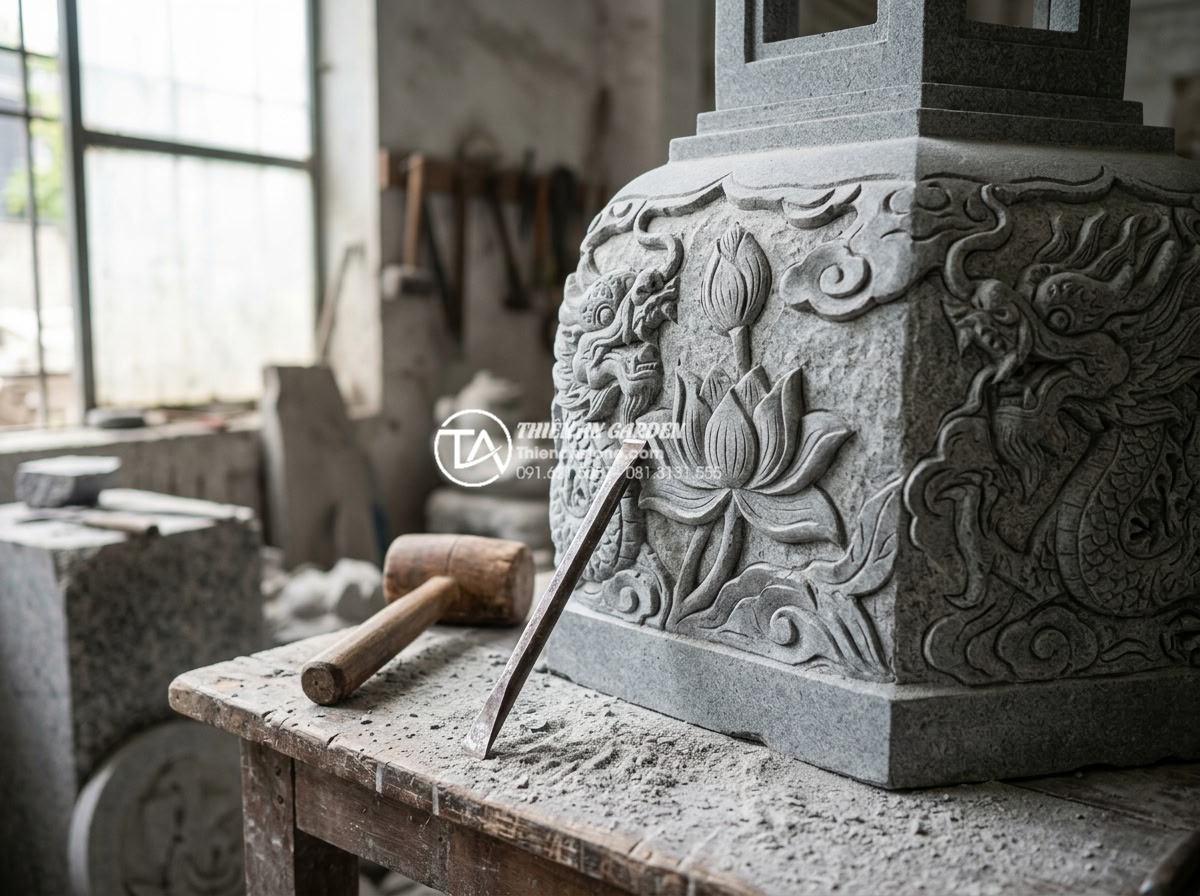 Checklist 7 tiêu chí kiểm tra chất lượng đèn đá trước khi nhận hàng - Master artisan hand-carving intricate lotus flower and dragon motifs on a large 
