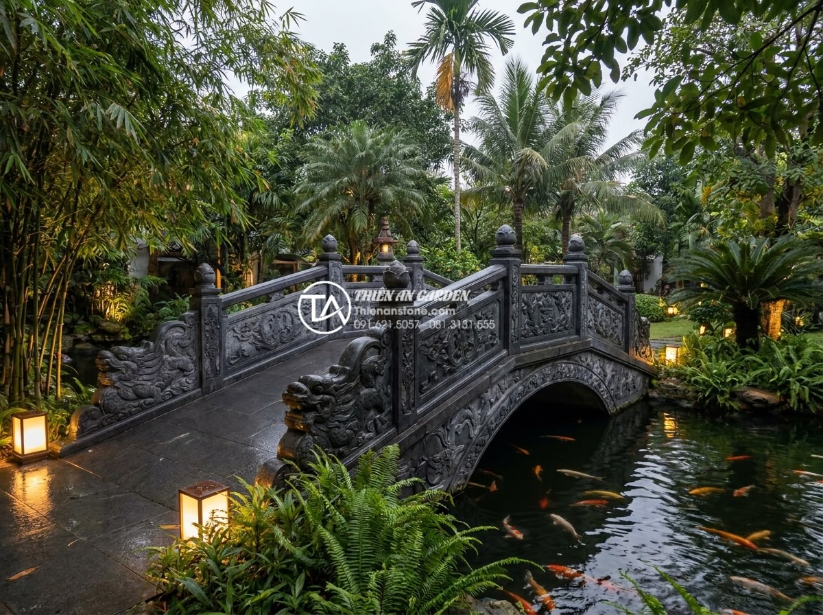 Chi phí vận chuyển và lắp đặt cầu đá khối nặng: Những điều cần biết - Hình 1 Chi phí vận chuyển và lắp đặt cầu đá khối nặng: Những điều cần biết - A majestic heavy natural stone bridge with intricate carvings spanning a serene