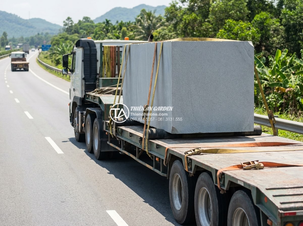 Chi phí vận chuyển và lắp đặt cầu đá khối nặng: Những điều cần biết - Hình 2 Chi phí vận chuyển và lắp đặt cầu đá khối nặng: Những điều cần biết - Specialized heavy haul truck transporting oversized natural stone blocks for gar