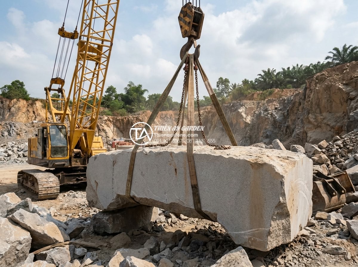 Chi phí vận chuyển và lắp đặt cầu đá khối nặng: Những điều cần biết - Hình 3 Chi phí vận chuyển và lắp đặt cầu đá khối nặng: Những điều cần biết - Crane lifting massive carved natural stone bridge section at a quarry in Vietnam