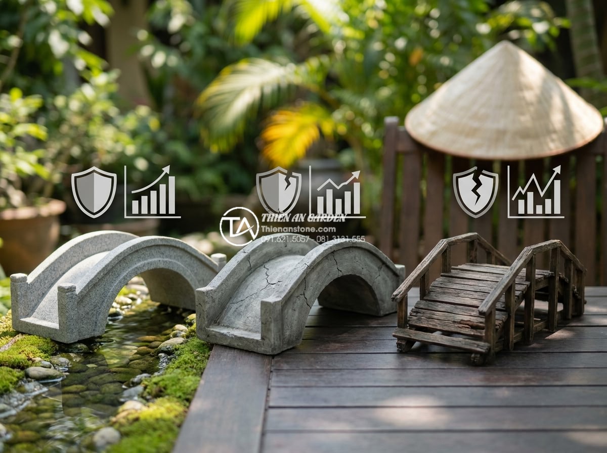 Chi phí vận chuyển và lắp đặt cầu đá khối nặng: Những điều cần biết - Hình 7 Chi phí vận chuyển và lắp đặt cầu đá khối nặng: Những điều cần biết - Comparison infographic showing natural stone bridge versus concrete and wood alt