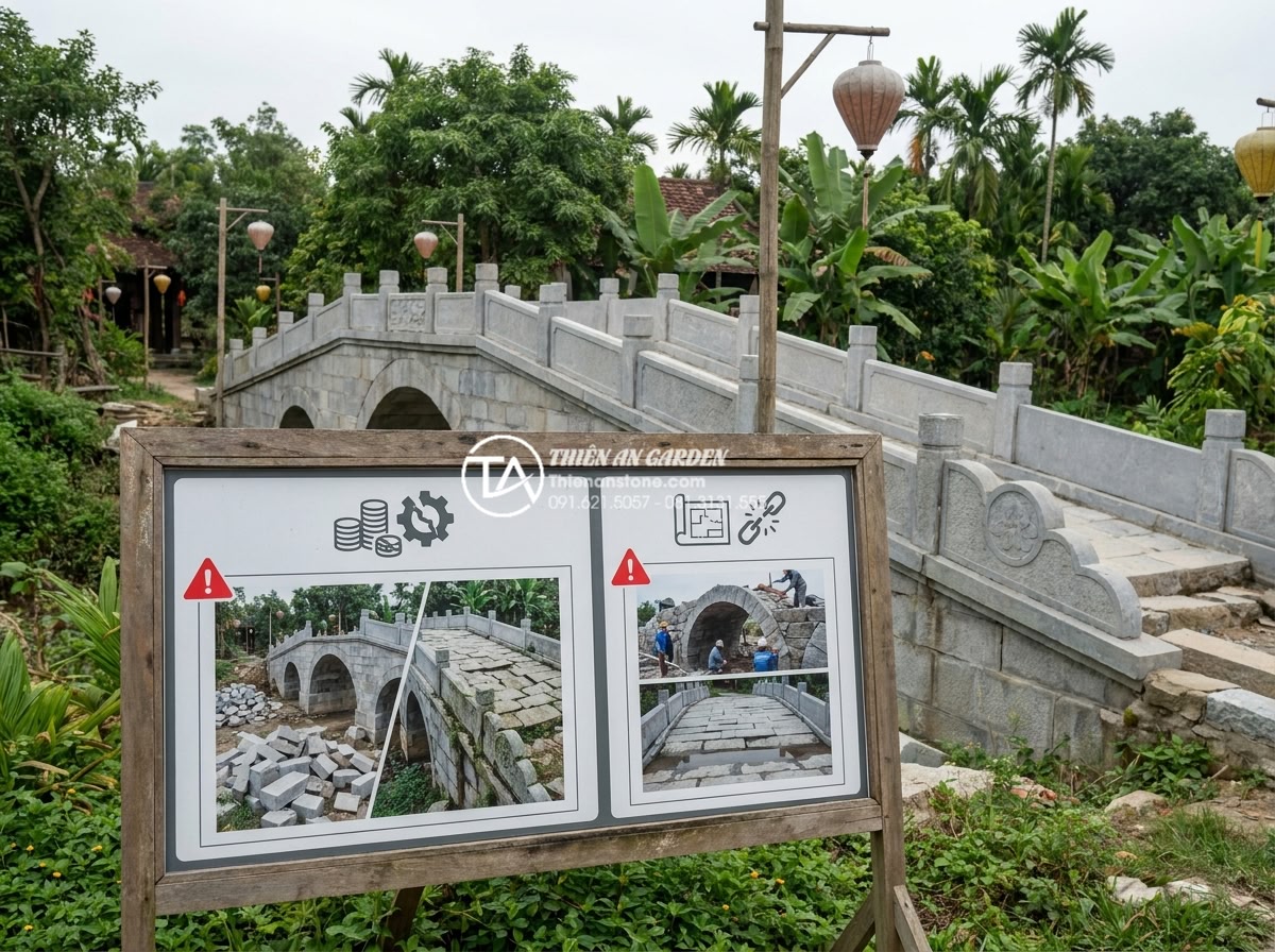 Chi phí vận chuyển và lắp đặt cầu đá khối nặng: Những điều cần biết - Hình 9 Chi phí vận chuyển và lắp đặt cầu đá khối nặng: Những điều cần biết - Common mistakes infographic for stone bridge projects showing cost overruns and