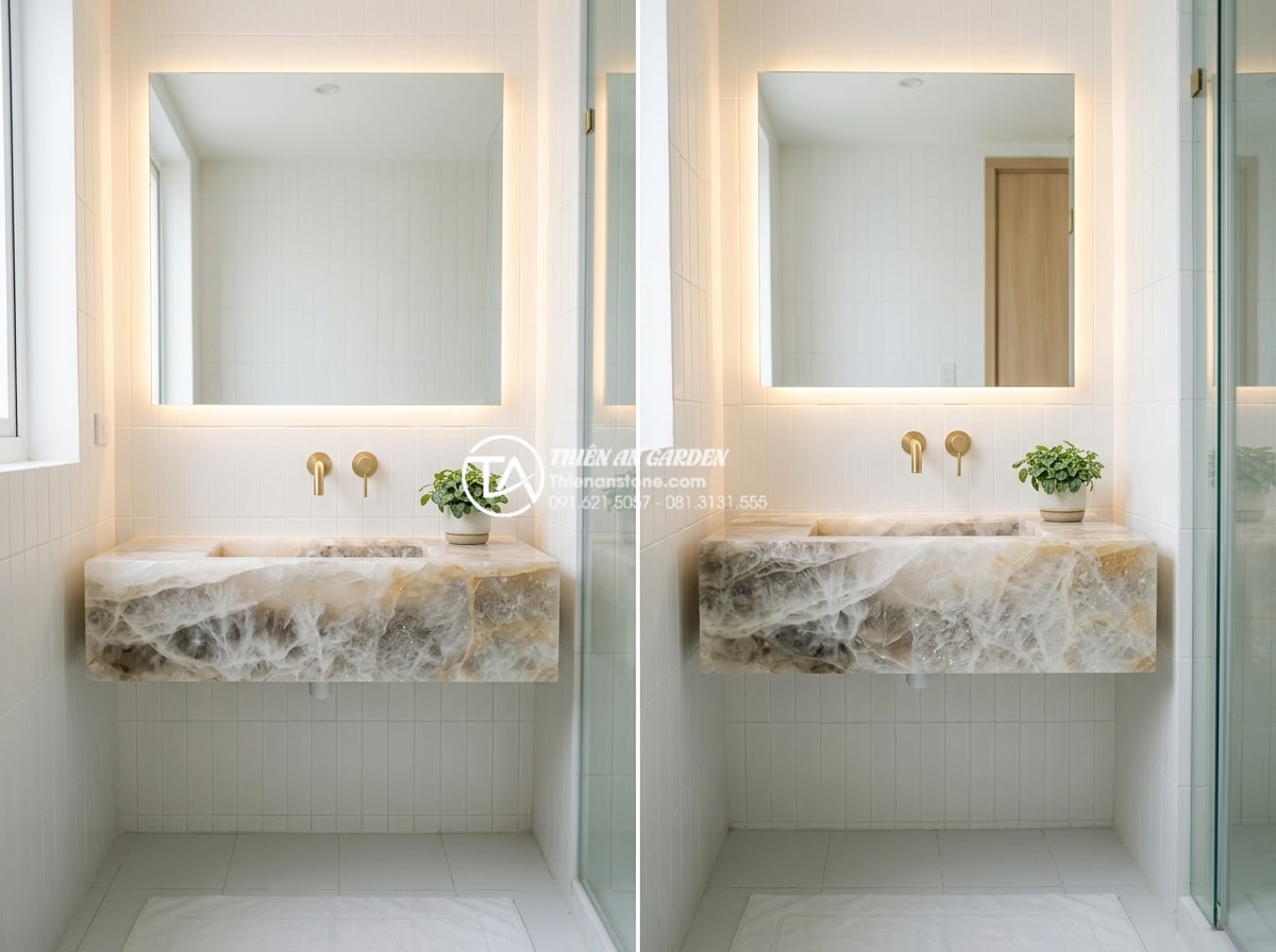 Có Nên Mua Bàn Đá Lavabo Treo Tường Cho Phòng Tắm Nhỏ Hẹp? - High-resolution professional photo of a compact modern bathroom under 5 square m